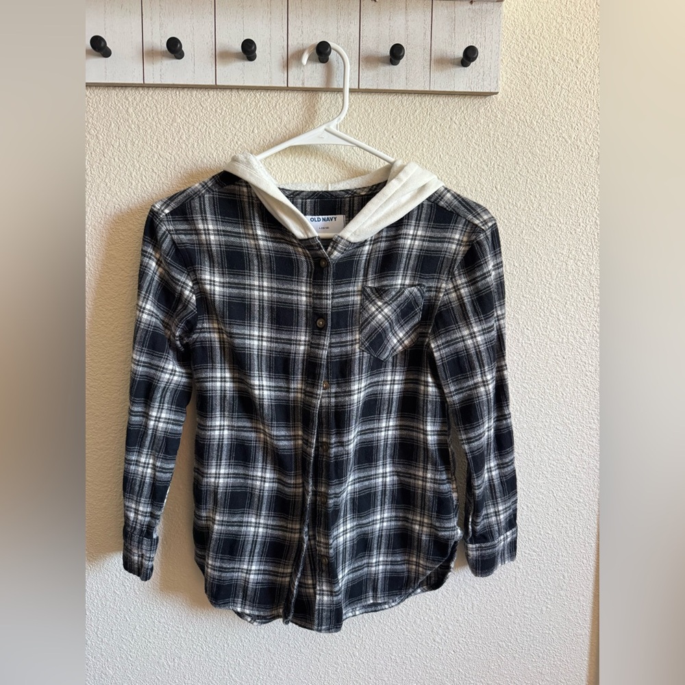 Old Navy Black & White Plaid Hooded Button-Down Shirt size L